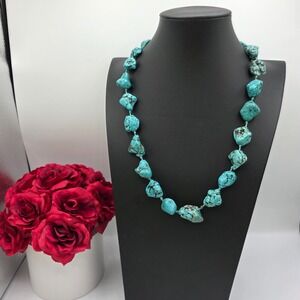 Silver Tone Turquoise Blue Nuggets Chunky‎ Stone Necklace Push Lock 25" Bold